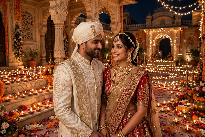 Regal Diwali couple in palace courtyard, man in ivory sherwani with turban, woman in red bridal lehenga, diyas and rose petals, fairy lights, fireworks, gold an