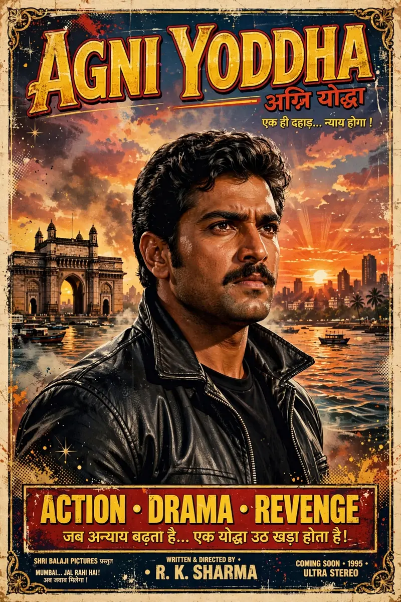 90s Bollywood movie poster style, heroic person in leather jacket, Mumbai sunset cityscape, dramatic lighting, film grain, vintage Indian cinema poster aestheti