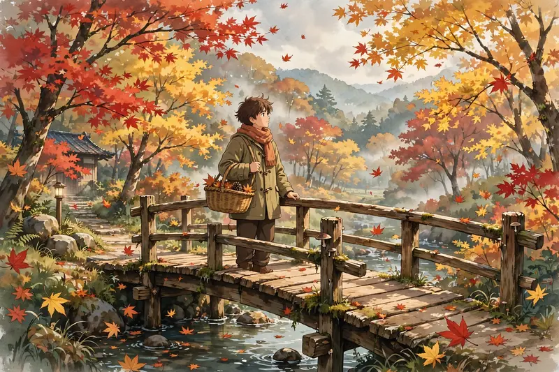 Studio Ghibli style autumn scene, person on wooden bridge, maple trees in red gold amber, swirling leaves, countryside village, cat on railing, warm sunlight, h