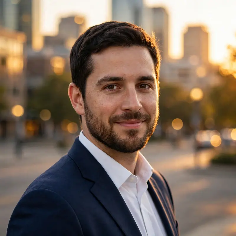 Professional LinkedIn headshot outdoors, person in navy blazer, golden hour light, blurred city park background, warm approachable smile, 85mm portrait, corpora