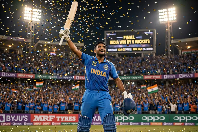 Cricket victory celebration in floodlit stadium, player raising bat, confetti raining, packed crowd with flags, night lights, dramatic sports photography, World