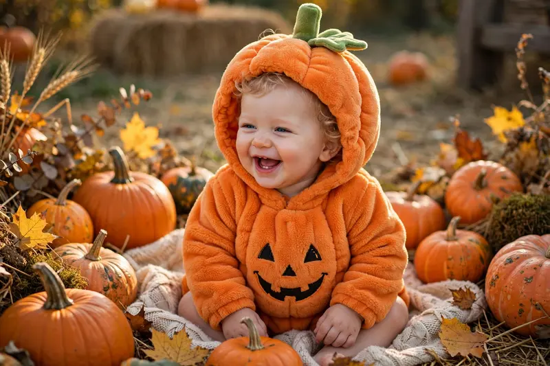 Adorable baby in plush pumpkin costume sitting among pumpkins, giggling expression, warm string lights, hay bales, autumn leaves, friendly Halloween decorations