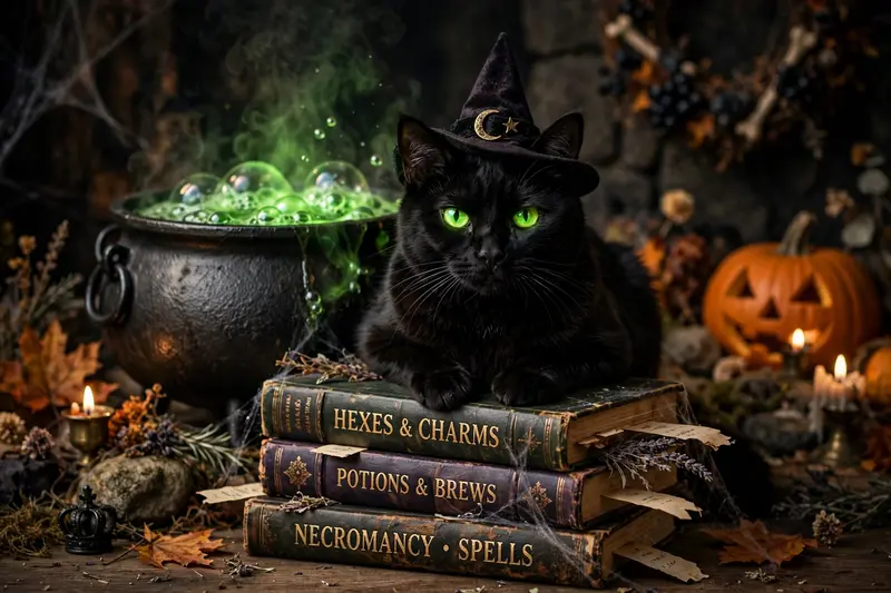 Black cat wearing tiny witch hat on spell books, glowing green eyes, bubbling cauldron, floating candles, potion bottles, crescent moon window, purple and orang