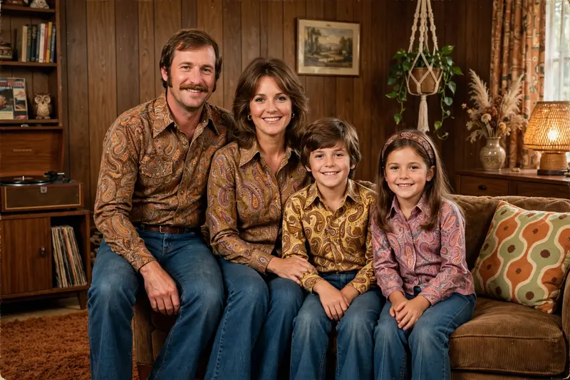 1970s family portrait in wood-paneled living room, flared jeans paisley shirts floral dresses, film grain, Kodachrome warm tones, sunburst clock, shag carpet, n