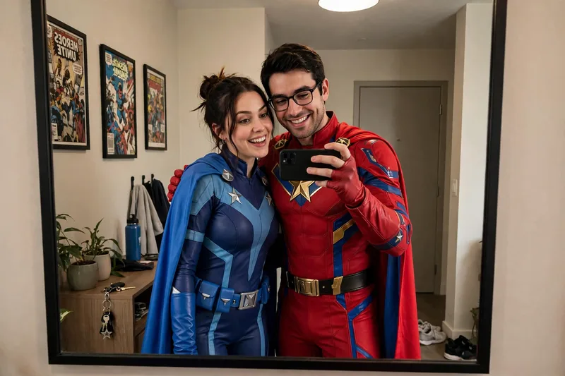 high-angle full-body shot of a South Asian couple looking straight up at the camera with warm, genuine smiles, standing side by side on a grey
