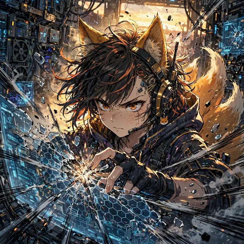 a cyber kitsune hacker breaching a firewall rendered in painterly anime style with cel-shaded characters, frozen mid-action with bold motion lines