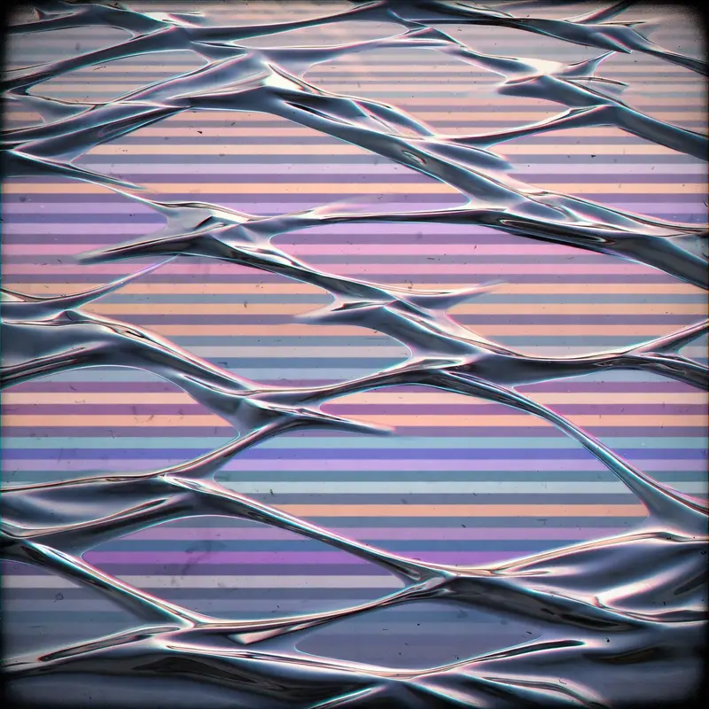 Aerial view of a liquid-chrome ocean reflecting a striped sunset, geometric waves frozen in metallic folds, vaporwave 3D render, VHS grain