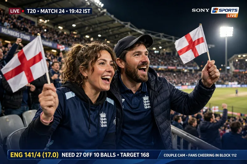 Image Prompt - Create a 16:9 live Indian cricket broadcast screenshot of a young couple captured from far away by a stadium zoom camera during an