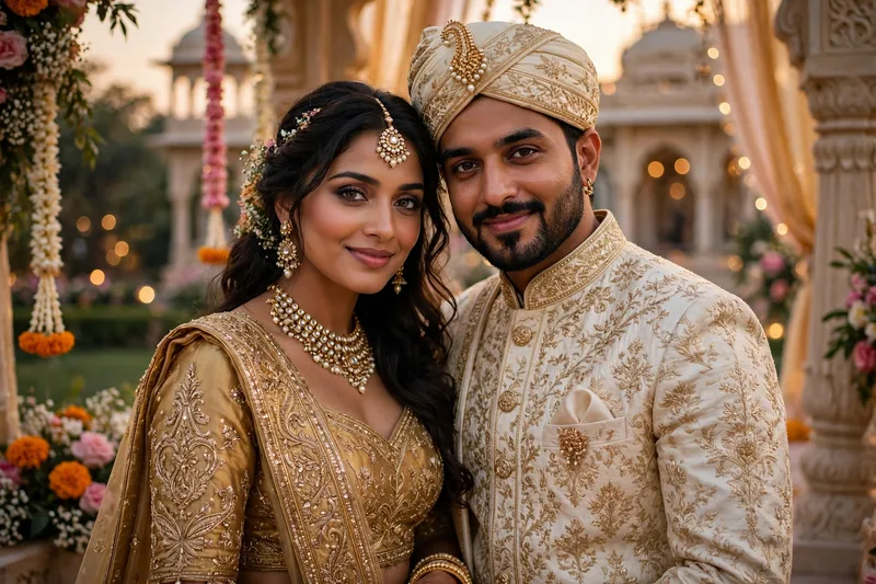 A highly romantic and intimate cinematic portrait of a young, attractive Indian couple in their mid-20s. The woman is extremely beautiful with sharp
