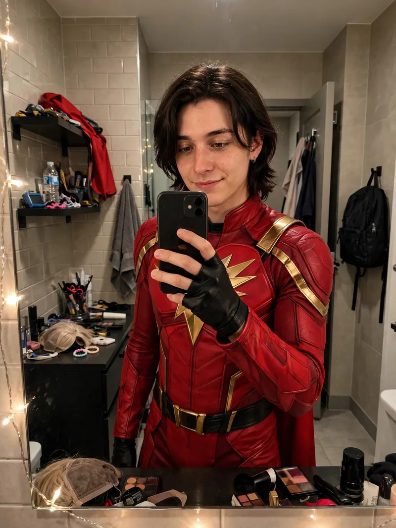 Create a highly realistic full-body mirror selfie of the SAME young man from the reference photo. Preserve his exact facial identity, hairstyle, skin