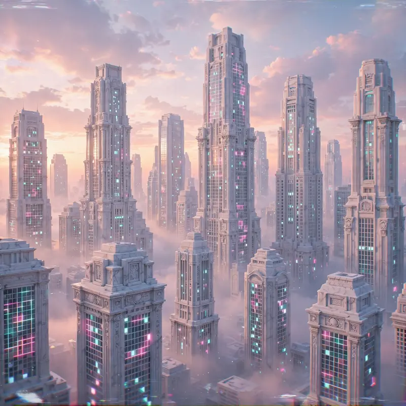 A city skyline of white marble skyscrapers under a pastel dawn, neon window grids flickering on, vaporwave architectural render, VHS grain, hopeful