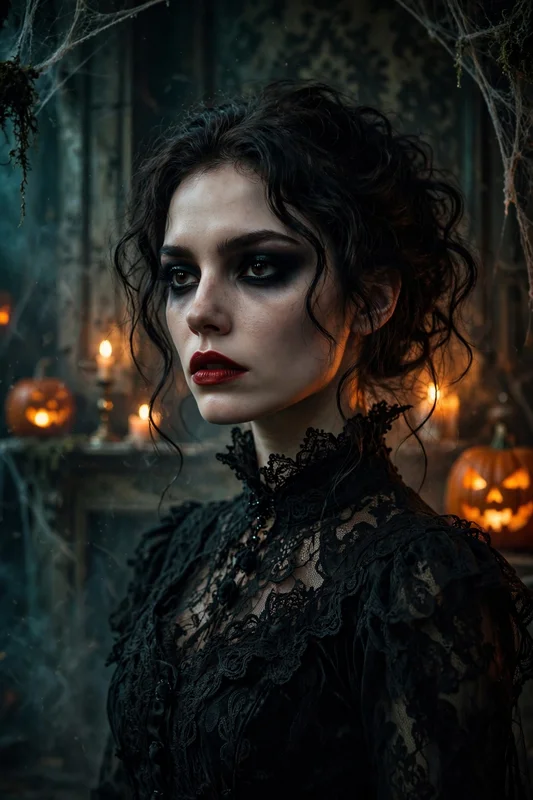 Create an ultra-realistic cinematic Halloween portrait photograph. Subject: a person with dramatic Halloween makeup — dark smoky eyes, deep red lips