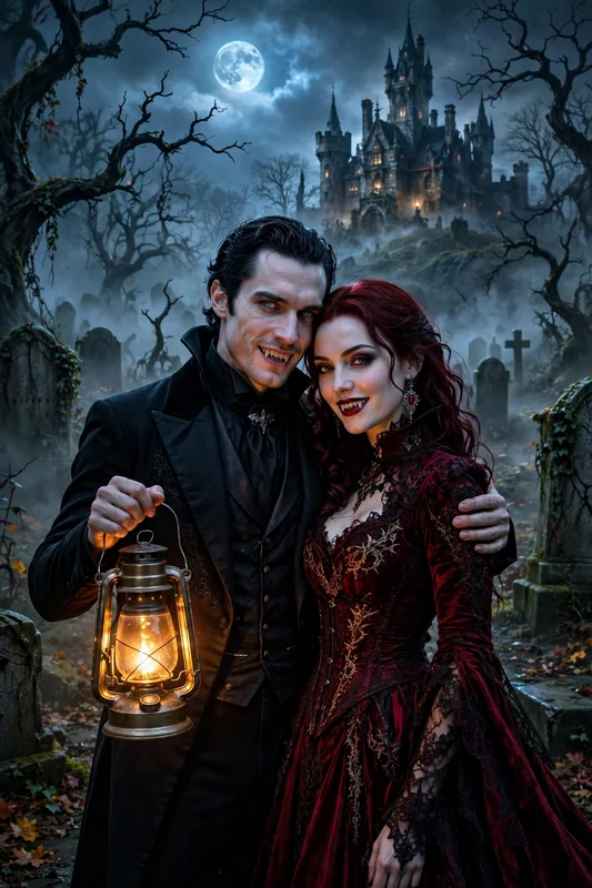 Create an ultra-realistic cinematic Halloween couple photograph. Two people dressed as a vampire couple — the man in a black tailcoat with a high coll