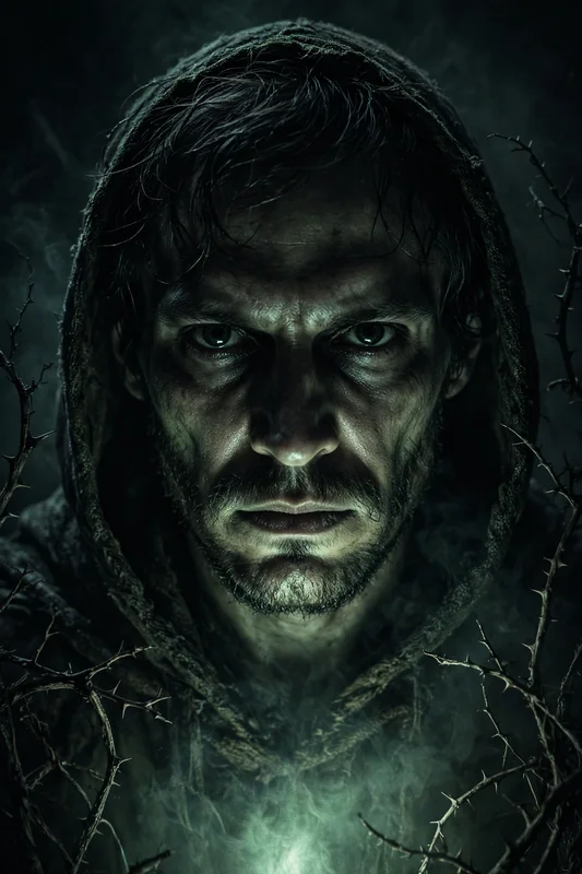 Create an ultra-realistic spooky atmospheric portrait. Subject: a person emerging from darkness, half their face illuminated by an eerie greenish ligh