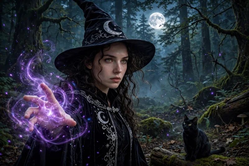 Create an ultra-realistic witch photoshoot portrait. Subject: a person as a beautiful powerful witch — long flowing dark hair with subtle purple highl