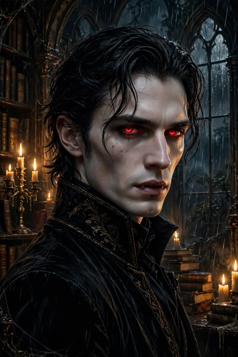 Create an ultra-realistic elegant vampire portrait. Subject: a person as an aristocratic vampire — pale flawless skin, sharp cheekbones emphasized, de