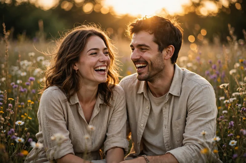 Create an ultra-realistic romantic couple photoshoot. Two people in coordinated beige and cream outfits, laughing naturally together. Pose: the man li
