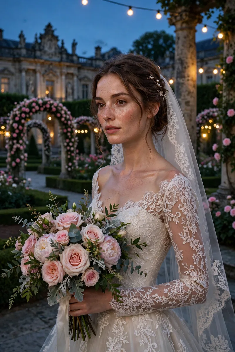 Create an ultra-realistic luxury wedding portrait. Subject: a bride in an elegant ivory gown with intricate lace bodice and flowing tulle skirt, holdi