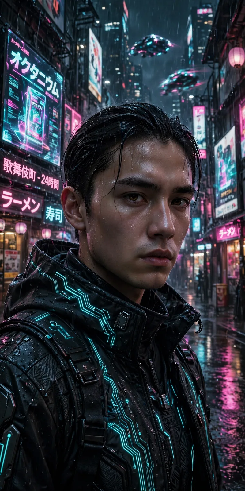 Create an ultra-realistic cyberpunk portrait. Subject: a person with futuristic styling — sleek dark outfit with glowing neon circuit accents, subtle