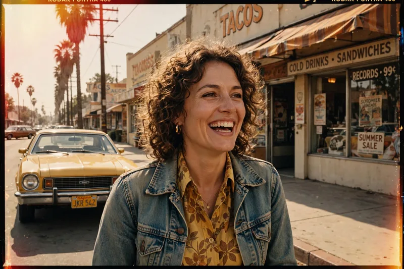 Create an ultra-realistic vintage 1970s film photograph. Subject: a person captured candidly — laughing or mid-conversation, natural unposed moment. S