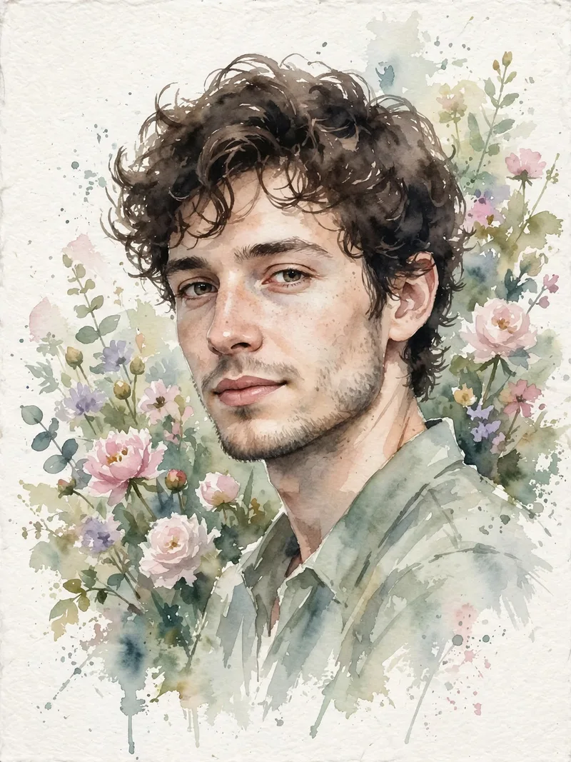 Create a beautiful delicate watercolor portrait painting. Subject: a person rendered in soft watercolor — gentle washes of color defining the face, lo