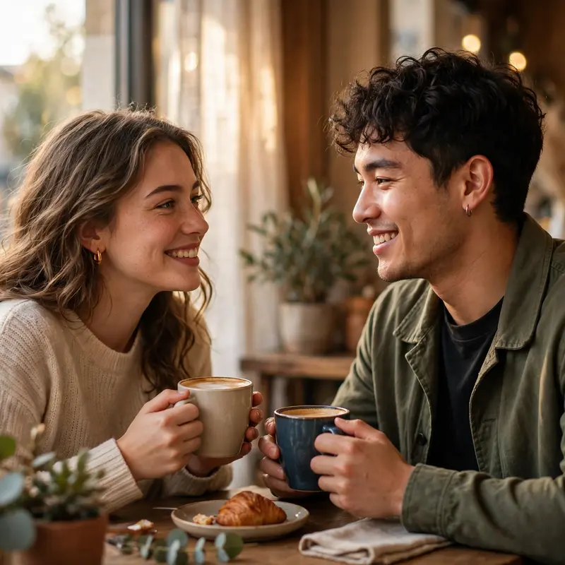 Create an ultra-realistic cinematic photograph of a cute young couple on a coffee date, sitting across a small wooden table by a large cafe window, bo