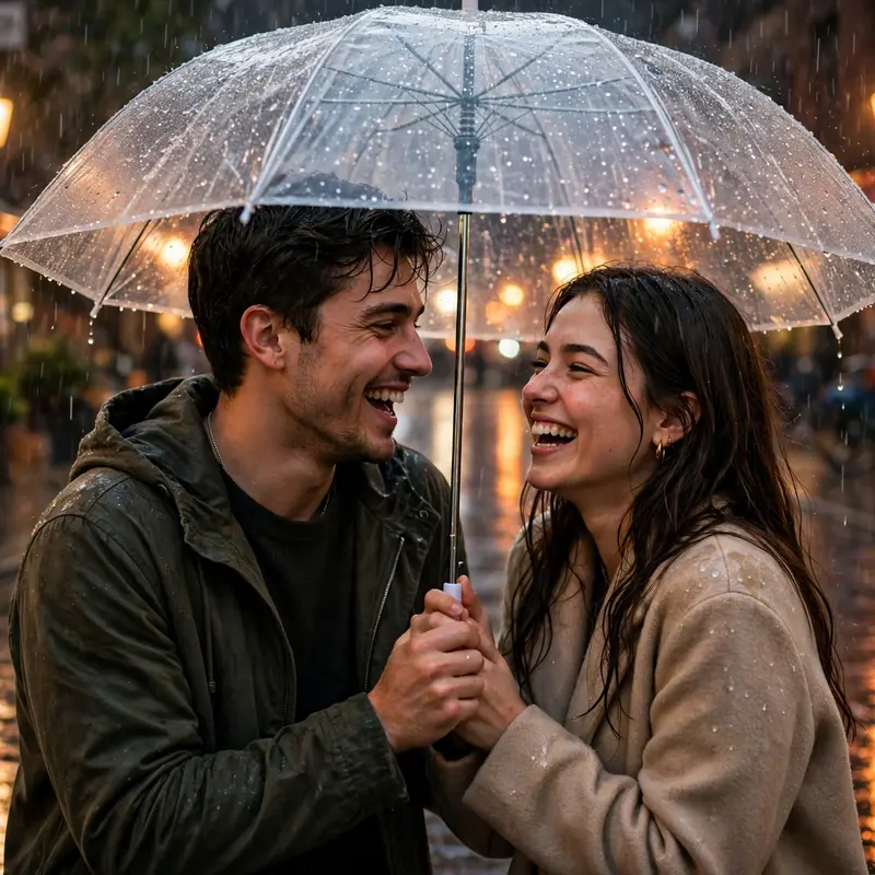 Create an ultra-realistic cinematic photograph of a young couple sharing one transparent umbrella on a rainy evening street, laughing together as rain