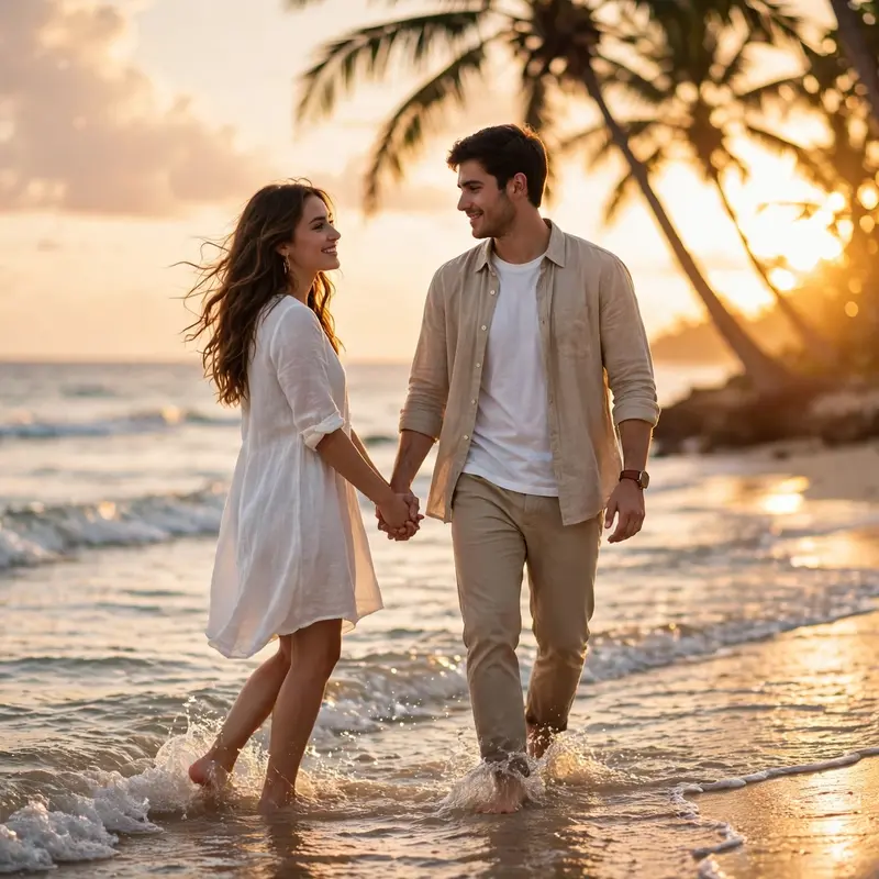 Create an ultra-realistic cinematic photograph of a young couple walking hand in hand along a sandy beach at sunset, gentle waves at their feet, the g
