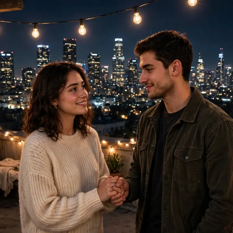 Create an ultra-realistic cinematic photograph of a young couple sitting close together on a rooftop terrace at night, wrapped in warm fairy string li