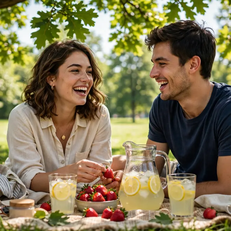 Create an ultra-realistic cinematic photograph of a young couple on a picnic blanket in a green park, sharing strawberries and lemonade, laughing unde