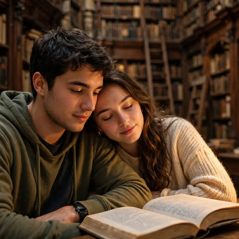 Create an ultra-realistic cinematic photograph of a young couple in a beautiful old library, sitting side by side reading, the girl resting her head o