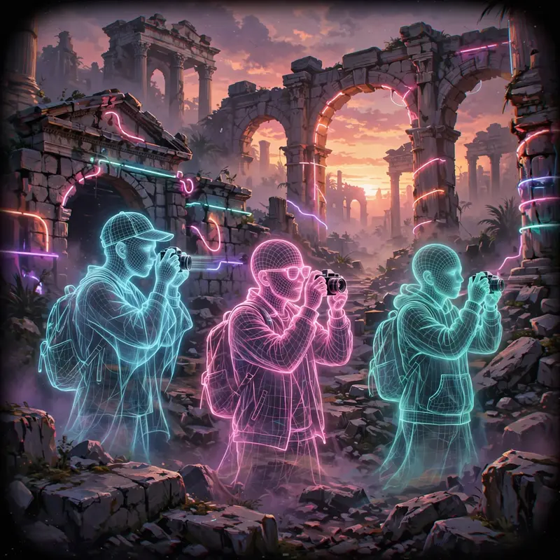 Tourists as glowing wireframe ghosts photographing crumbling neon-lit Roman ruins, vaporwave concept art, VHS grain, ironic timeless mood, sunset