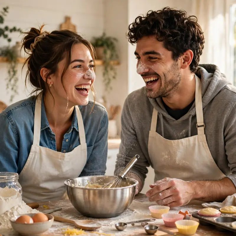 Create an ultra-realistic cinematic photograph of a young couple baking cupcakes together in a bright home kitchen, playfully dabbing flour on each ot