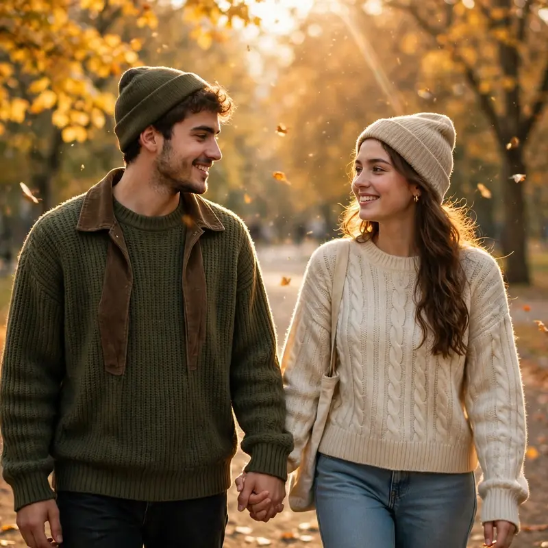 Create an ultra-realistic cinematic photograph of a young couple walking through an autumn park covered in golden and red leaves, wearing cozy sweater