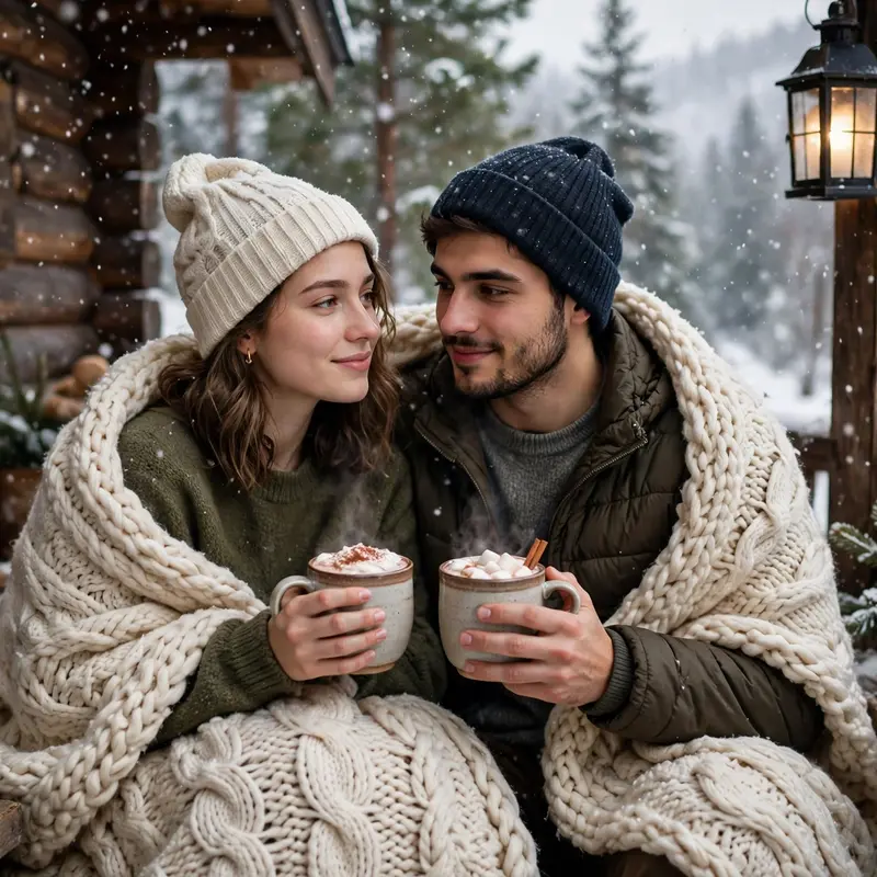 Create an ultra-realistic cinematic photograph of a young couple sitting on a wooden cabin porch on a snowy day, wrapped in one big blanket, holding s