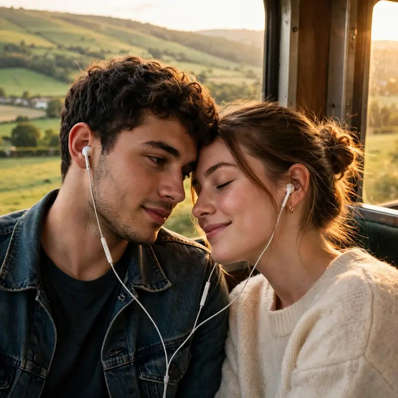 Create an ultra-realistic cinematic photograph of a young couple sitting by a train window on a scenic journey, sharing earphones and watching green h