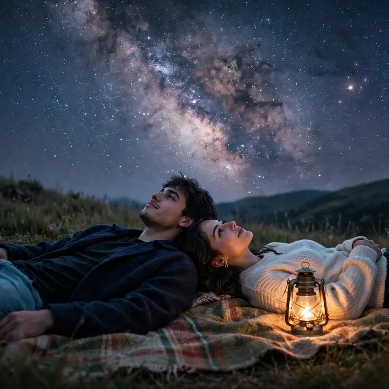 Create an ultra-realistic cinematic photograph of a young couple lying on a blanket on a grassy hill at night, pointing at the stars together, the Mil