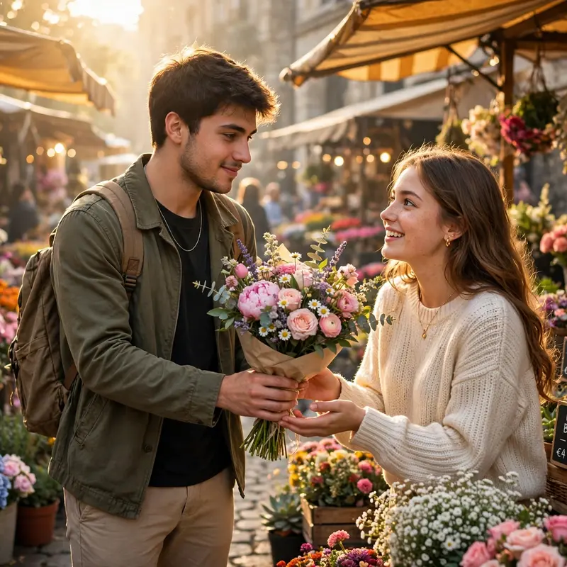 Create an ultra-realistic cinematic photograph of a young couple at a colorful morning flower market, the boy surprising the girl with a big bouquet o