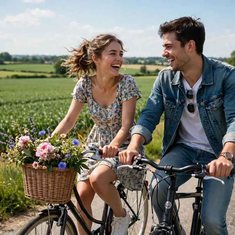 Create an ultra-realistic cinematic photograph of a young couple riding bicycles side by side on a quiet countryside road, laughing, a basket of flowe