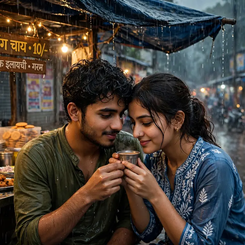 Create an ultra-realistic cinematic photograph of a young desi couple standing under the awning of a small roadside chai stall during monsoon rain, sh