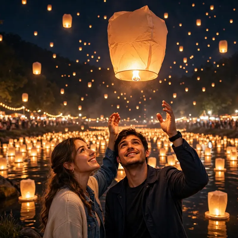 Create an ultra-realistic cinematic photograph of a young couple at a night lantern festival, holding one glowing paper lantern together about to rele