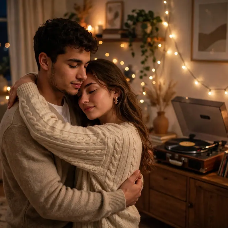 Create an ultra-realistic cinematic photograph of a young couple slow dancing in their living room at night, fairy lights and a record player in the b