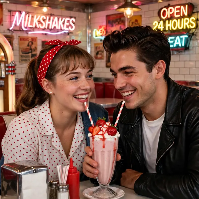 Create an ultra-realistic cinematic photograph of a young couple on a date in a 1950s-style retro diner, sharing one strawberry milkshake with two str