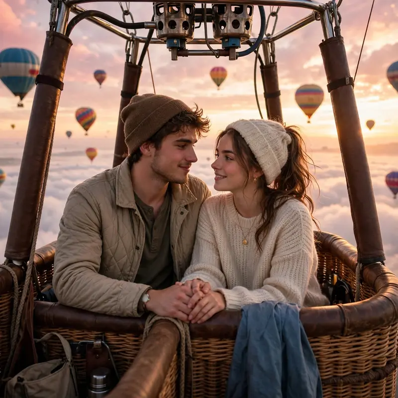 Create an ultra-realistic cinematic photograph of a young couple standing in a hot air balloon basket at sunrise, arms around each other, colorful bal