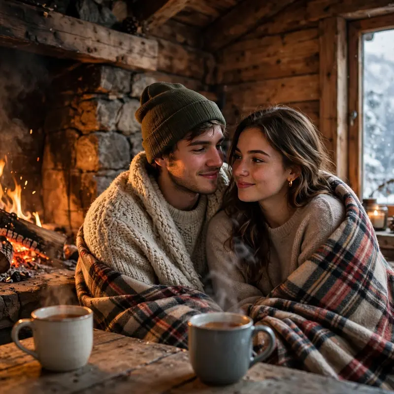 Create an ultra-realistic cinematic photograph of a young couple sitting on a rug in front of a crackling fireplace inside a wooden mountain cabin, wr