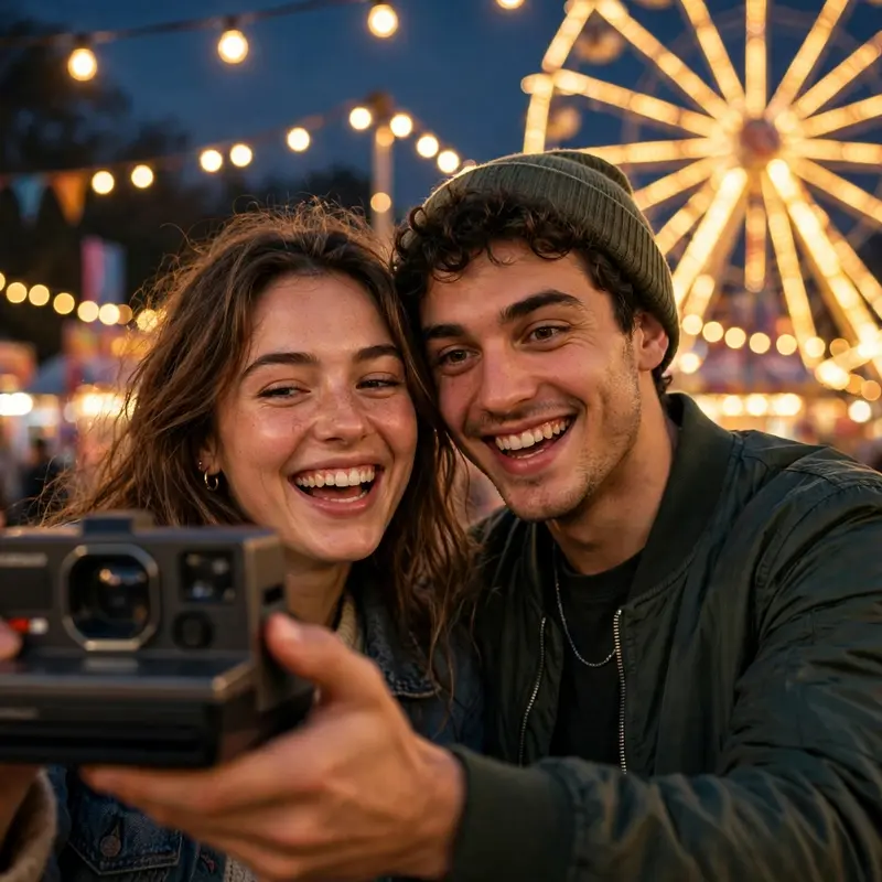 Create an ultra-realistic cinematic photograph of a young couple taking a selfie together with an instant polaroid camera at a funfair, both making pl