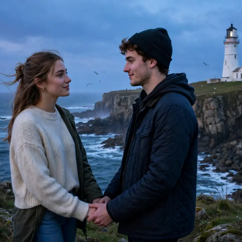 Create an ultra-realistic cinematic photograph of a young couple standing on rocky seaside cliffs near a white lighthouse at dusk, holding hands and w