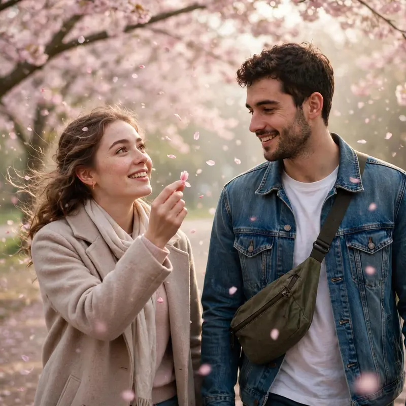 Create an ultra-realistic cinematic photograph of a young couple walking under blooming cherry blossom trees in spring, pink petals drifting in the ai