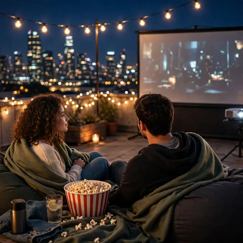 Create an ultra-realistic cinematic photograph of a young couple watching a movie on a rooftop at night, sitting on bean bags with a bowl of popcorn