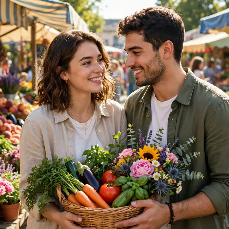 Create an ultra-realistic cinematic photograph of a young couple shopping together at a sunny farmers market, carrying a basket of fresh vegetables an